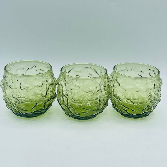 Vintage Set 3 Roly Poly Mid-Century Avocado Olive Green Anchor Hocking Glassesro - Picture 1 of 7